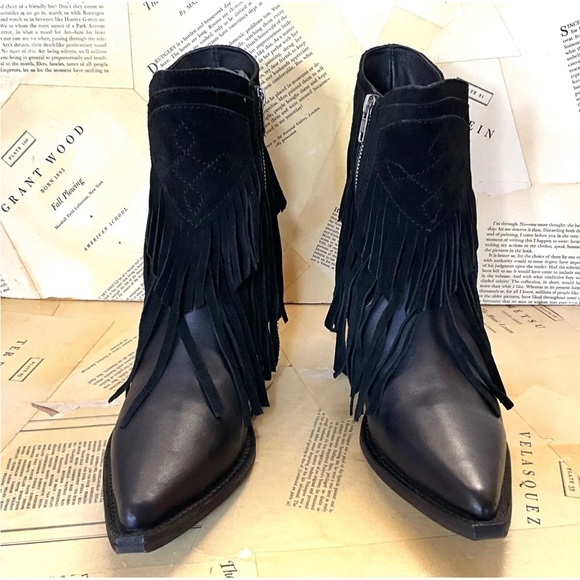 Free People Lawless Fringe Western Boot Black Leather & Suede Ankle Zipper - Picture 2 of 10